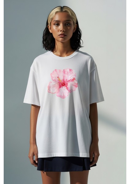 Trend Kadın Tişört - %100 Pamuk Orkide Desen Baskılı Oversize Beyaz fiyatları