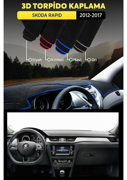 Skoda Rapıd (2012-2017) 3D Torpido Koruma Kılıfı - Ön Göğüs Kaplama - Mavi Şerit