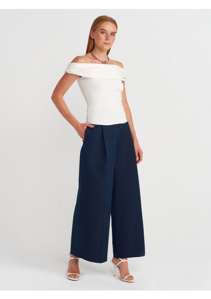 71634 Pilili Geniş Paça Pantolon-Lacivert