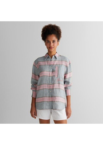 Kadın Yeşil Klasik Yaka Çizgili Gömlek