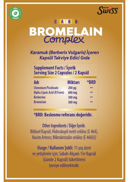 Swiss Bork Berberin + Ala + Krom Pikolinat + Bromelain • 4’lü Bitkisel • 60 Kapsül fiyatları