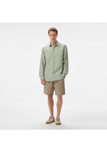 Erkek Yeşil Classic Fit Çizgili Keten Gömlek modelleri