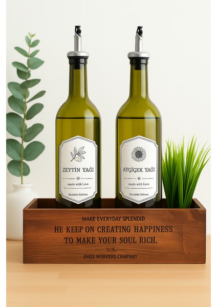 Ahşap Standlı 2'li Zeytinyağı ve Ayçiçek Yağı 750 ml Yağdanlık Yağ Rengi-Yapay Çiçekli Set