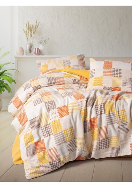 Flanel Tek Kişilik Nevresim Takımı Palm Hardal