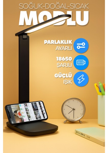 Şarjlı Masa Lambası 3 Renk Dokunmatik Telefon Standlı Kademeli Çalışma Okuma Işığı Lambası 9W Siyah