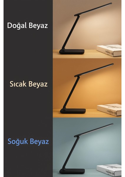 Şarjlı Masa Lambası 3 Renk Dokunmatik Telefon Standlı Kademeli Çalışma Okuma Işığı Lambası 9W Siyah fırsatları