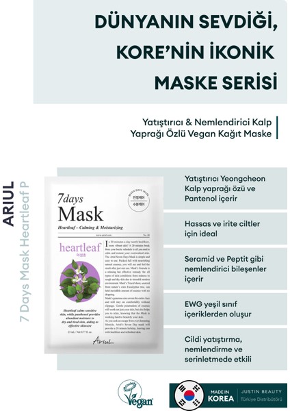 7 Days Mask Heartleaf P - Yatıştırıcı & Nemlendirici Kalp Yaprağı Özlü Vegan Kağıt Maske