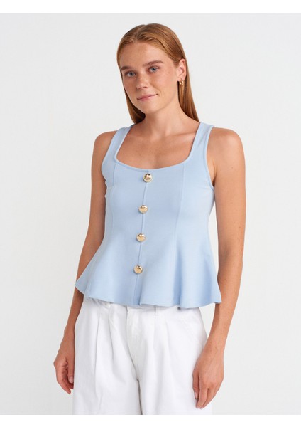 31979 Düğmeli Peplum Top-Açık Mavi