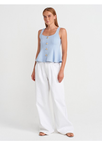 31979 Düğmeli Peplum Top-Açık Mavi fırsatları