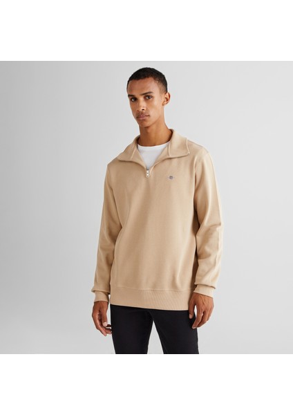 Erkek Bej Regular Fit Yarım Fermuarlı Sweatshirt