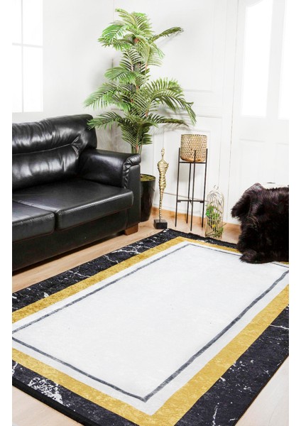 Maykop Beyaz Çerçeveli Etnik Modern Desenli Pamuk Makinada Yıkanabilir Hav Toz Vermez Leke Tutmayan Kaymaz Taban Dijital Makine Baskı Salon Yolluk Mutfak Halı