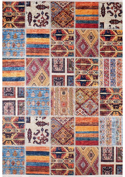 Charlottetown Turuncu Patchwork Etnik Modern Desenli Makinada Yıkanabilir Hav Toz Vermez Leke Tutmayan Kaymaz Taban Dijital Makine Baskı Salon Yolluk Mutfak Halı