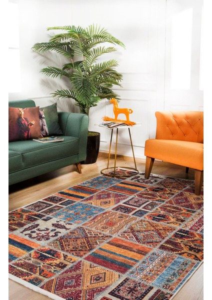 Charlottetown Turuncu Patchwork Etnik Modern Desenli Makinada Yıkanabilir Hav Toz Vermez Leke Tutmayan Kaymaz Taban Dijital Makine Baskı Salon Yolluk Mutfak Halı fırsatları