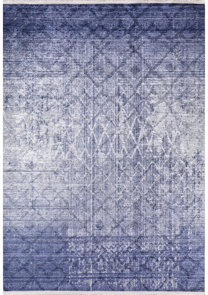 Fryazino Mavi Modern Etnik Desenli Makinada Yıkanabilir Hav Toz Vermez Leke Tutmayan Kaymaz Taban Dijital Makine Baskı Salon Yolluk Mutfak Halı