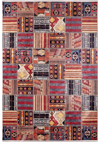 Hangzhou Bordo Patchwork Etnik Modern Desenli Makinada Yıkanabilir Hav Toz Vermez Leke Tutmayan Kaymaz Taban Dijital Makine Baskı Salon Yolluk Mutfak Halı