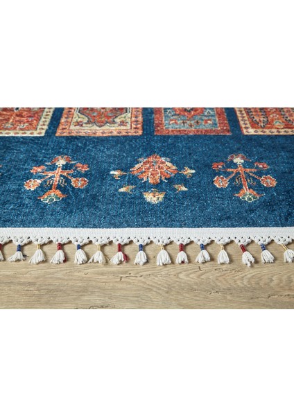 Leknica Lacivert Göbekli Etnik Modern Desenli Makinada Yıkanabilir Hav Toz Vermez Leke Tutmayan Kaymaz Taban Dijital Makine Baskı Salon Yolluk Mutfak Halı fırsatları
