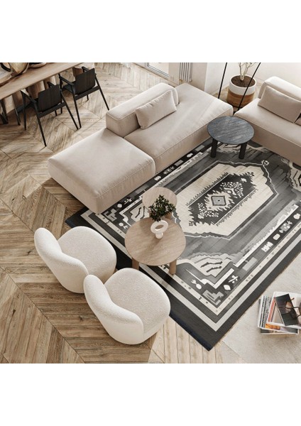 Göbekli Antrasit Pamuk Dikdörtgen Modern Desenli Pamuk Makinada Yıkanabilir Hav Toz Vermez Leke Tutmayan Kaymaz Taban Dijital Makine Baskı Salon Yolluk Mutfak Halı fırsatları