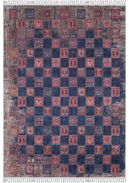 Koprzywnica Lacivert Göbekli Etnik Modern Desenli Makinada Yıkanabilir Hav Toz Vermez Leke Tutmayan Kaymaz Taban Dijital Makine Baskı Salon Yolluk Mutfak Halı