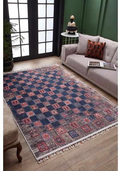 Koprzywnica Lacivert Göbekli Etnik Modern Desenli Makinada Yıkanabilir Hav Toz Vermez Leke Tutmayan Kaymaz Taban Dijital Makine Baskı Salon Yolluk Mutfak Halı fiyatları