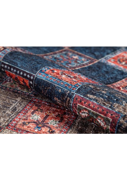 Koprzywnica Lacivert Göbekli Etnik Modern Desenli Makinada Yıkanabilir Hav Toz Vermez Leke Tutmayan Kaymaz Taban Dijital Makine Baskı Salon Yolluk Mutfak Halı fırsatları