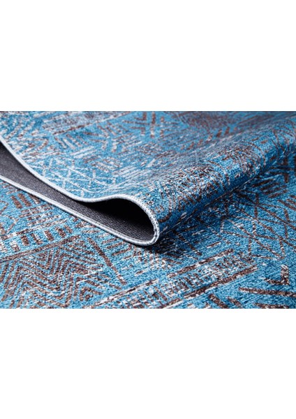 Barlinek Mavi Çizgili Etnik Modern Desenli Pamuk Makinada Yıkanabilir Hav Toz Vermez Leke Tutmayan Kaymaz Taban Dijital Makine Baskı Salon Yolluk Mutfak Halı fırsatları