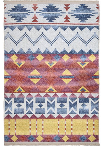 Breda Etnik Mavi Polyester Dikdörtgen Modern Desenli Pamuk Makinada Yıkanabilir Hav Toz Vermez Leke Tutmayan Kaymaz Taban Dijital Makine Baskı Salon Yolluk Mutfak Halı