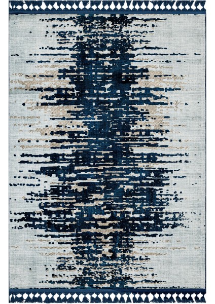 Prakriti Lacivert Modern Etnik Desenli Bambu Makinada Yıkanabilir Hav Toz Vermez Leke Tutmayan Kaymaz Taban Dijital Makine Baskı Salon Yolluk Mutfak Halı