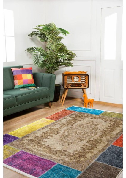 Palencia Bej Patchwork Etnik Modern Desenli Pamuk Makinada Yıkanabilir Hav Toz Vermez Leke Tutmayan Kaymaz Taban Dijital Makine Baskı Salon Yolluk Mutfak Halı fiyatları