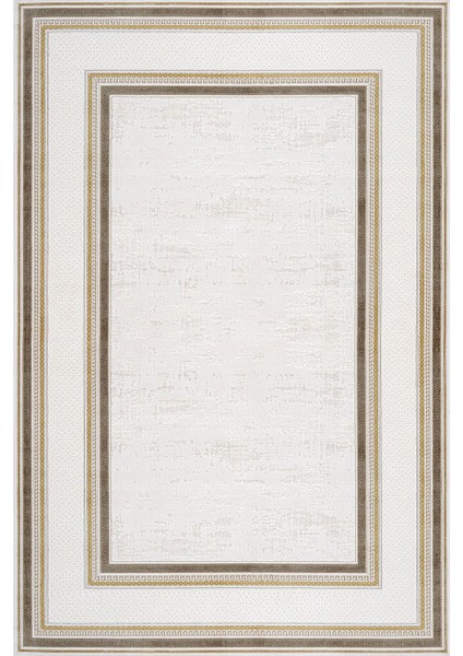 Kahverengi Çerçeveli Etnik Modern Desenli Pamuk Makinada Yıkanabilir Hav Toz Vermez Leke Tutmayan Kaymaz Taban Dijital Makine Baskı Salon Yolluk Mutfak Halı