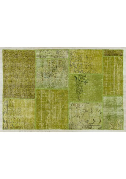 Yeşil Patchwork Etnik Modern Desenli Yün Hav Toz Vermez Leke Tutmayan Salon Yolluk Mutfak El Dokuma Halı