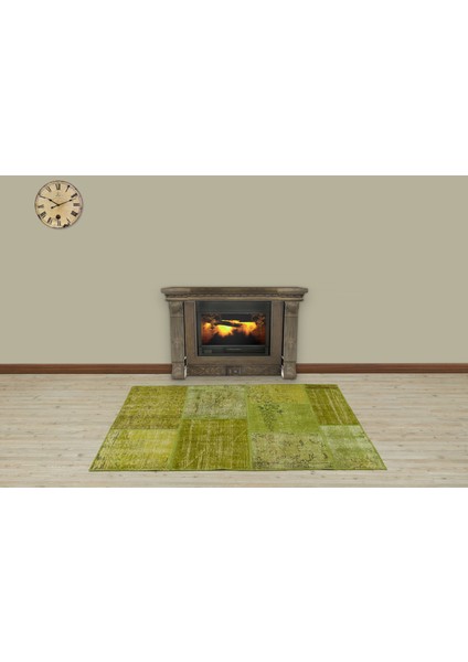 Yeşil Patchwork Etnik Modern Desenli Yün Hav Toz Vermez Leke Tutmayan Salon Yolluk Mutfak El Dokuma Halı fiyatları