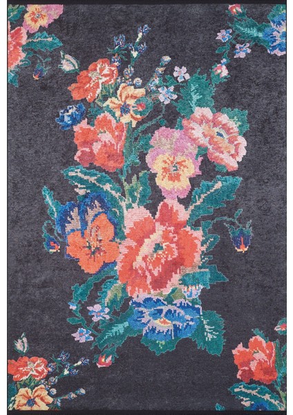 Gauhati Siyah Çiçekli Etnik Modern Desenli Makinada Yıkanabilir Hav Toz Vermez Leke Tutmayan Kaymaz Taban Dijital Makine Baskı Salon Yolluk Mutfak Halı