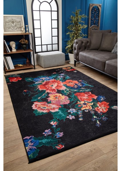 Gauhati Siyah Çiçekli Etnik Modern Desenli Makinada Yıkanabilir Hav Toz Vermez Leke Tutmayan Kaymaz Taban Dijital Makine Baskı Salon Yolluk Mutfak Halı fiyatları