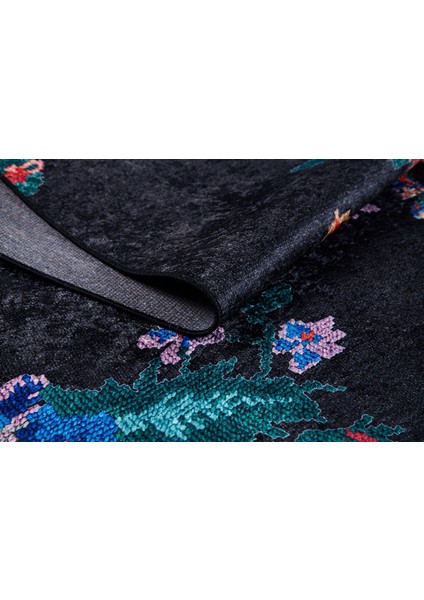 Gauhati Siyah Çiçekli Etnik Modern Desenli Makinada Yıkanabilir Hav Toz Vermez Leke Tutmayan Kaymaz Taban Dijital Makine Baskı Salon Yolluk Mutfak Halı fırsatları