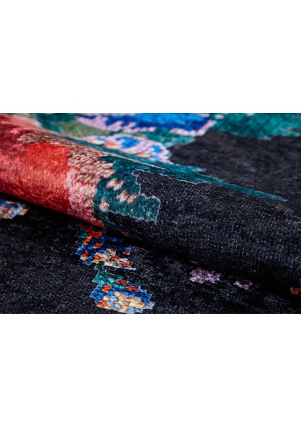 Gauhati Siyah Çiçekli Etnik Modern Desenli Makinada Yıkanabilir Hav Toz Vermez Leke Tutmayan Kaymaz Taban Dijital Makine Baskı Salon Yolluk Mutfak Halı indirimleri