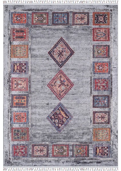 Kowary Gri Göbekli Etnik Modern Desenli Makinada Yıkanabilir Hav Toz Vermez Leke Tutmayan Kaymaz Taban Dijital Makine Baskı Salon Yolluk Mutfak Halı