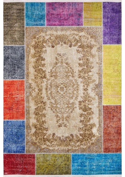 Palencia Bej Patchwork Etnik Modern Desenli Pamuk Makinada Yıkanabilir Hav Toz Vermez Leke Tutmayan Kaymaz Taban Dijital Makine Baskı Salon Yolluk Mutfak Halı