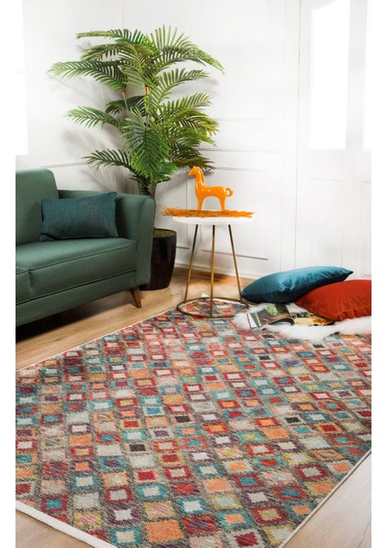 Nazran Turuncu Geometrik Etnik Modern Desenli Makinada Yıkanabilir Hav Toz Vermez Leke Tutmayan Kaymaz Taban Dijital Makine Baskı Salon Yolluk Mutfak Halı modelleri