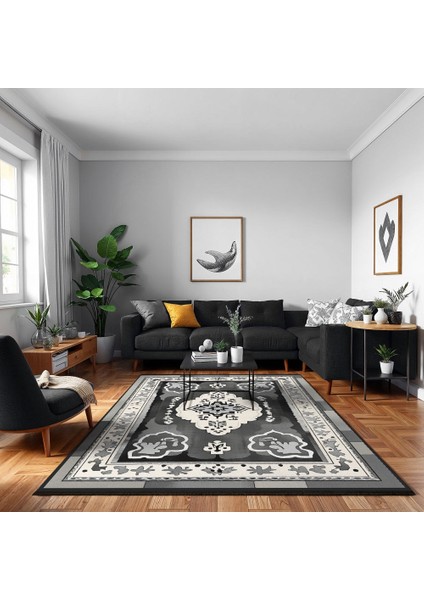Göbekli Antrasit Pamuk Dikdörtgen Modern Desenli Pamuk Makinada Yıkanabilir Hav Toz Vermez Leke Tutmayan Kaymaz Taban Dijital Makine Baskı Salon Yolluk Mutfak Halı modelleri