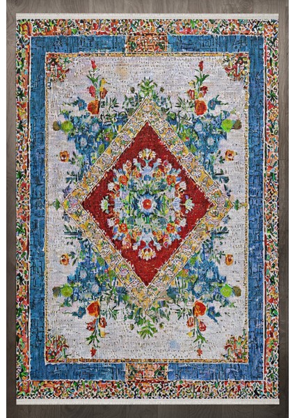 Göbekli Mavi Pamuk Dikdörtgen Modern Desenli Pamuk Makinada Yıkanabilir Hav Toz Vermez Leke Tutmayan Kaymaz Taban Dijital Makine Baskı Salon Yolluk Mutfak Halı