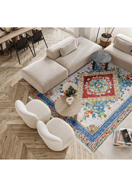 Göbekli Mavi Pamuk Dikdörtgen Modern Desenli Pamuk Makinada Yıkanabilir Hav Toz Vermez Leke Tutmayan Kaymaz Taban Dijital Makine Baskı Salon Yolluk Mutfak Halı modelleri