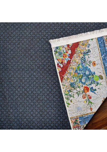 Göbekli Mavi Pamuk Dikdörtgen Modern Desenli Pamuk Makinada Yıkanabilir Hav Toz Vermez Leke Tutmayan Kaymaz Taban Dijital Makine Baskı Salon Yolluk Mutfak Halı fırsatları