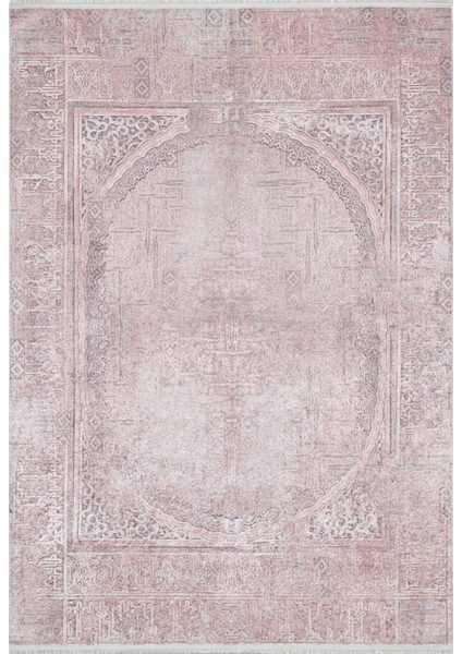 Andimesk Pembe Göbekli Etnik Modern Desenli Pamuk Makinada Yıkanabilir Hav Toz Vermez Leke Tutmayan Kaymaz Taban Dijital Makine Baskı Salon Yolluk Mutfak Halı