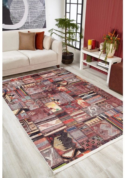 Biskupiec Bordo Patchwork Etnik Modern Desenli Makinada Yıkanabilir Hav Toz Vermez Leke Tutmayan Kaymaz Taban Dijital Makine Baskı Salon Yolluk Mutfak Halı fiyatları