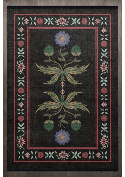 Çiçekli Siyah Pamuk Dikdörtgen Modern Desenli Pamuk Makinada Yıkanabilir Hav Toz Vermez Leke Tutmayan Kaymaz Taban Dijital Makine Baskı Salon Yolluk Mutfak Halı