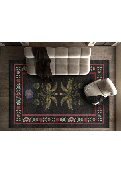 Çiçekli Siyah Pamuk Dikdörtgen Modern Desenli Pamuk Makinada Yıkanabilir Hav Toz Vermez Leke Tutmayan Kaymaz Taban Dijital Makine Baskı Salon Yolluk Mutfak Halı fiyatları