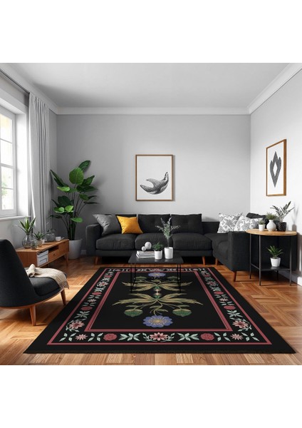 Çiçekli Siyah Pamuk Dikdörtgen Modern Desenli Pamuk Makinada Yıkanabilir Hav Toz Vermez Leke Tutmayan Kaymaz Taban Dijital Makine Baskı Salon Yolluk Mutfak Halı fırsatları
