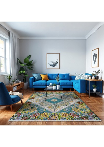 Çiçekli Mavi Pamuk Dikdörtgen Modern Desenli Pamuk Makinada Yıkanabilir Hav Toz Vermez Leke Tutmayan Kaymaz Taban Dijital Makine Baskı Salon Yolluk Mutfak Halı fiyatları