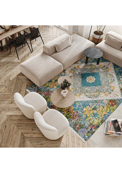 Çiçekli Mavi Pamuk Dikdörtgen Modern Desenli Pamuk Makinada Yıkanabilir Hav Toz Vermez Leke Tutmayan Kaymaz Taban Dijital Makine Baskı Salon Yolluk Mutfak Halı modelleri