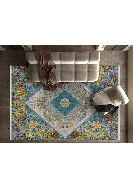 Çiçekli Mavi Pamuk Dikdörtgen Modern Desenli Pamuk Makinada Yıkanabilir Hav Toz Vermez Leke Tutmayan Kaymaz Taban Dijital Makine Baskı Salon Yolluk Mutfak Halı fırsatları